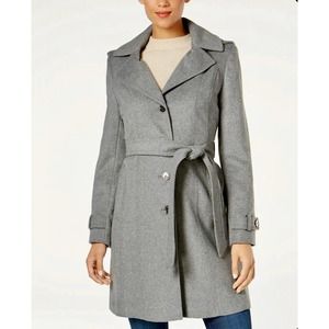 Michael Kors Heather Grey Belted Wool Coat with Gold Details